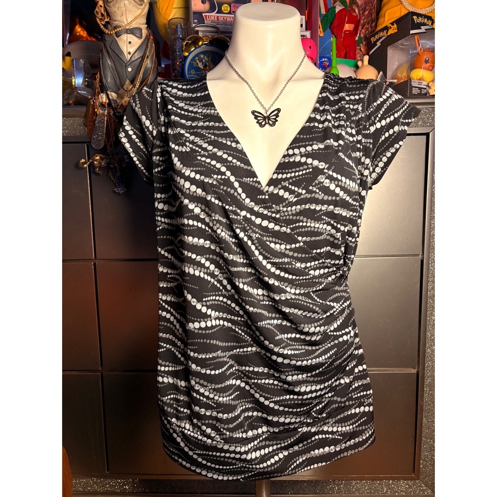 Y2K Vol. 1 Petite Black White Geometric Dot Faux Wrap Surplice Blouse Top #2